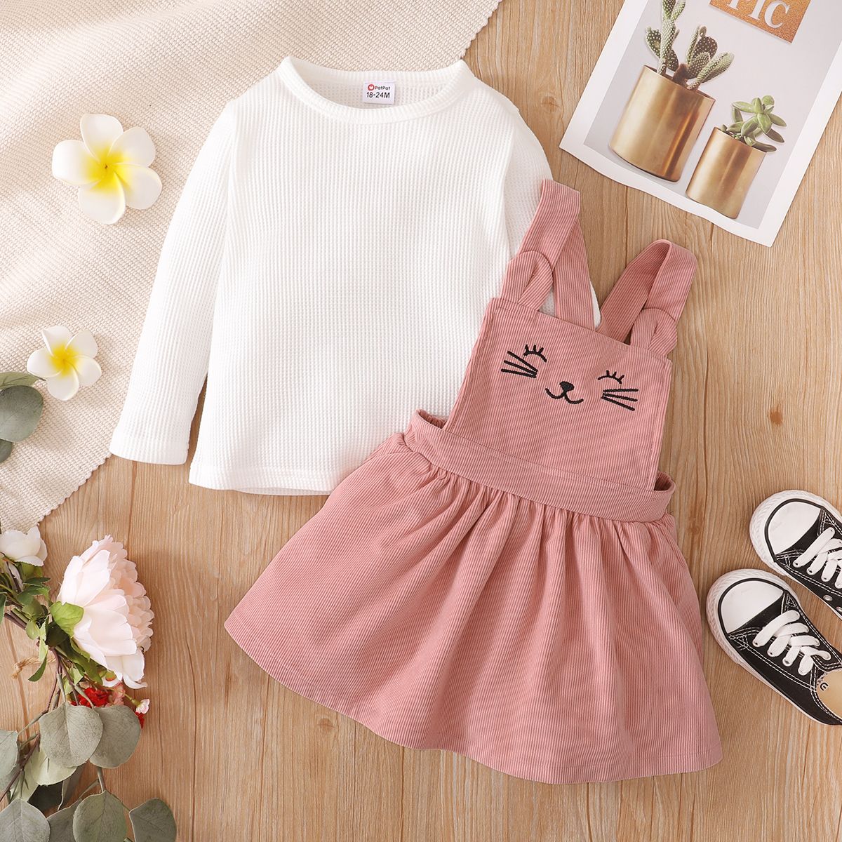 1-6Y Kid Girls Cute Kitty Dresses Long Sleeve Shirt Suspender Skirt