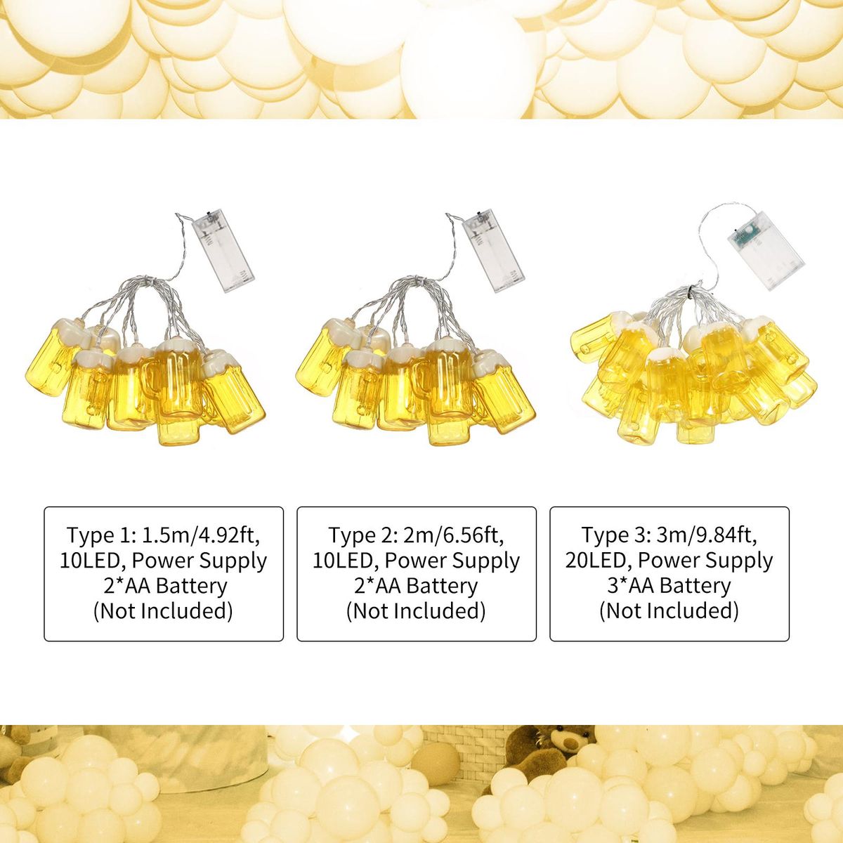 10FT 20LED Christmas Beer Mug String Lights Decorative Fairy Lights LED Hanging Lights Always On & Flashing Light Mode for Festivals Easter Carnival Parties