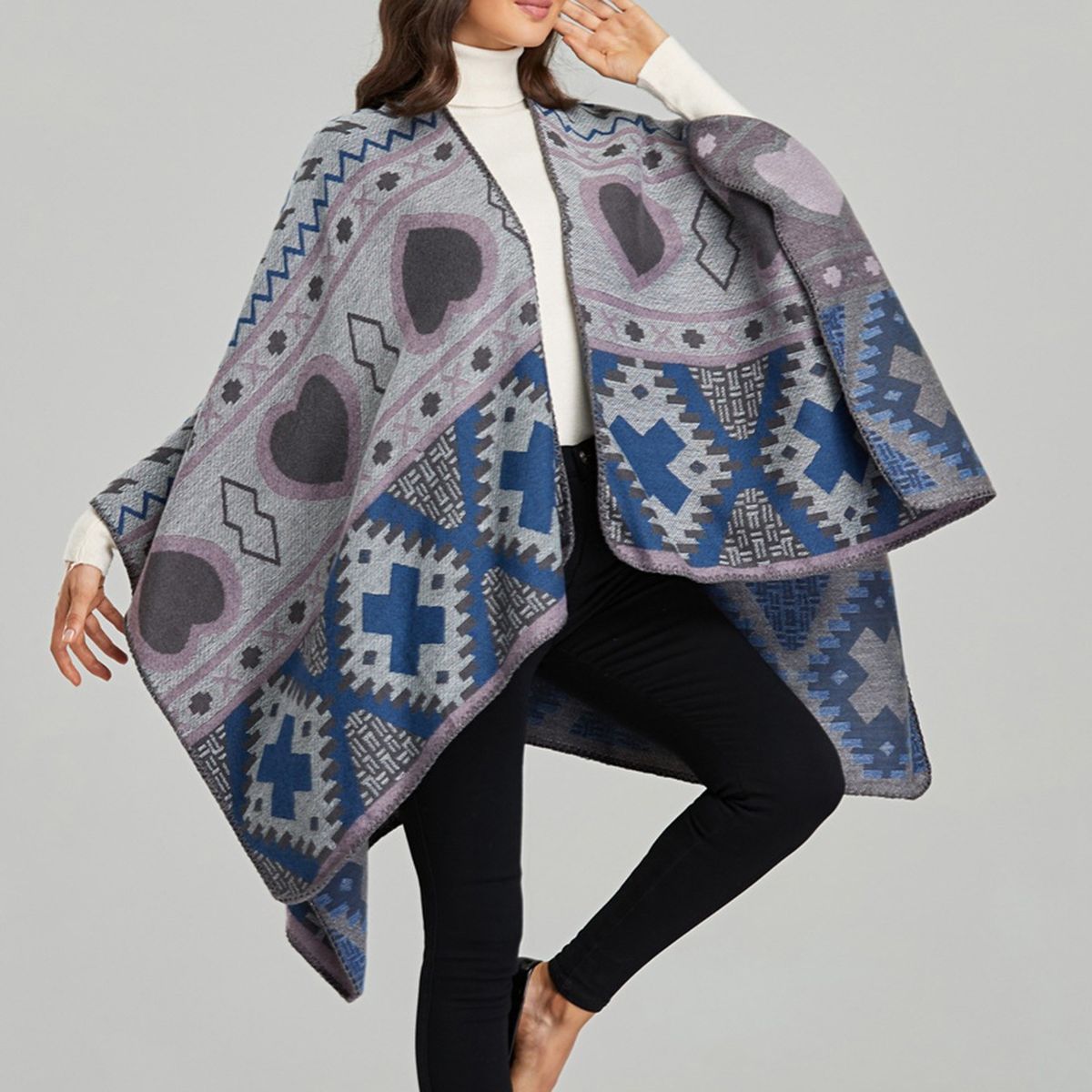 Shawl Wraps For Women Geometrical Pattern Open Front Poncho Cape Long Cardigan Sweater-blue