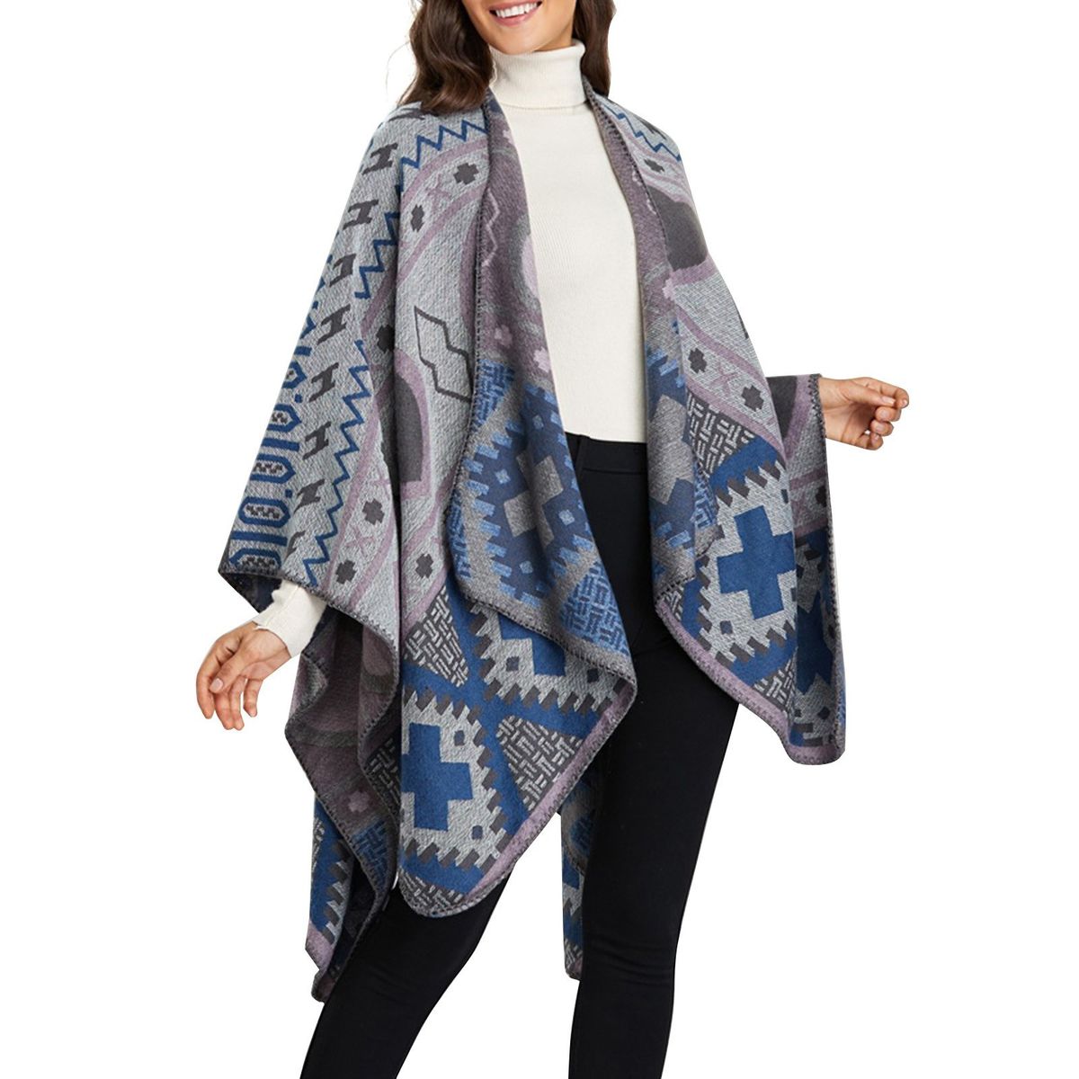 Shawl Wraps For Women Geometrical Pattern Open Front Poncho Cape Long Cardigan Sweater-blue
