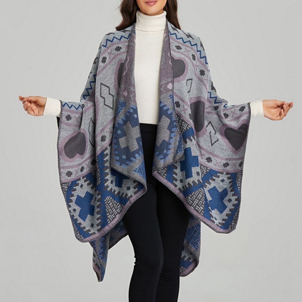 Shawl Wraps For Women Geometrical Pattern Open Front Poncho Cape Long Cardigan Sweater-blue