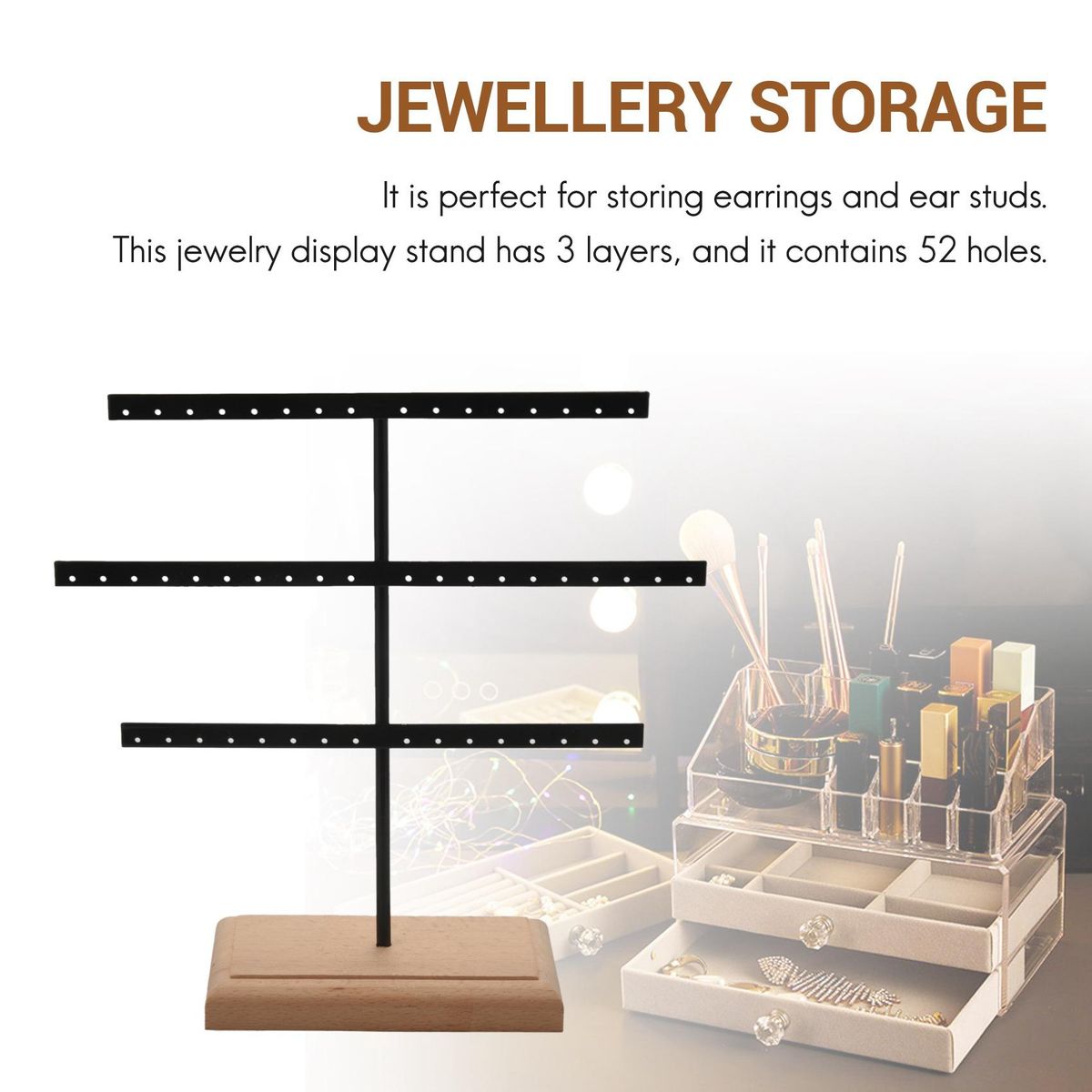 Fashion 52 Hook Earring Jewelry Organizer Earring Organizer Hanging Holder Neck Display Stand Box Holder Rack Jewelry Hanger Black