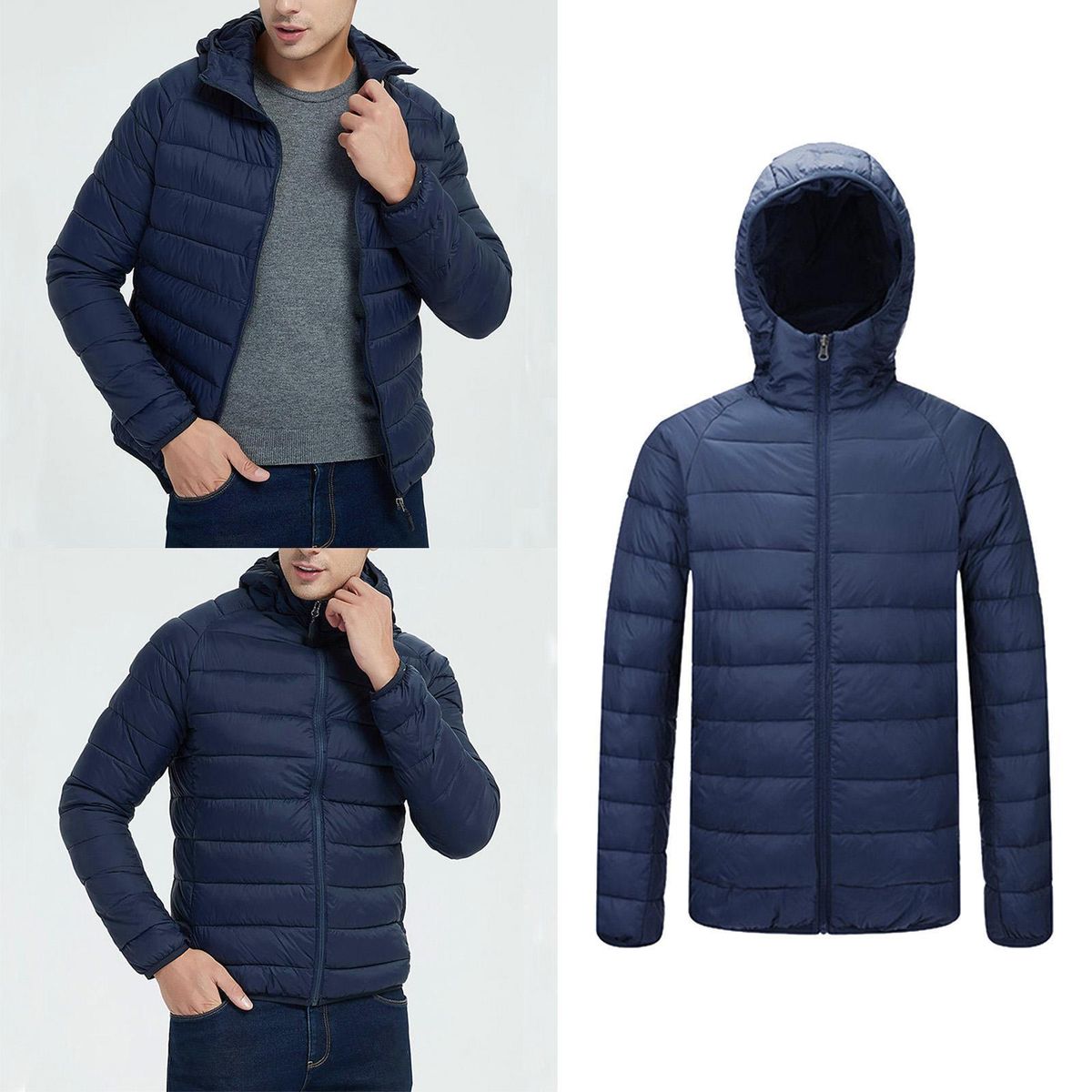 Slim Men's Winter Down Jacket Water-Resistant Packable Dark Blue L