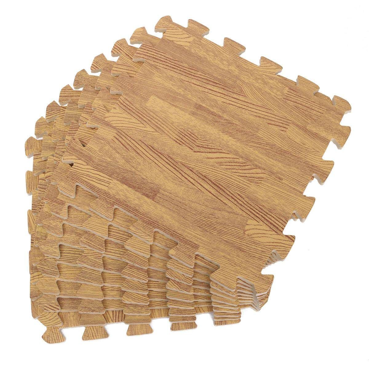 9PCS Wood Interlock EVA Foam Floor Puzzle Pad Work Gym Mat Kid Safety Play Rug Light Wood Grain