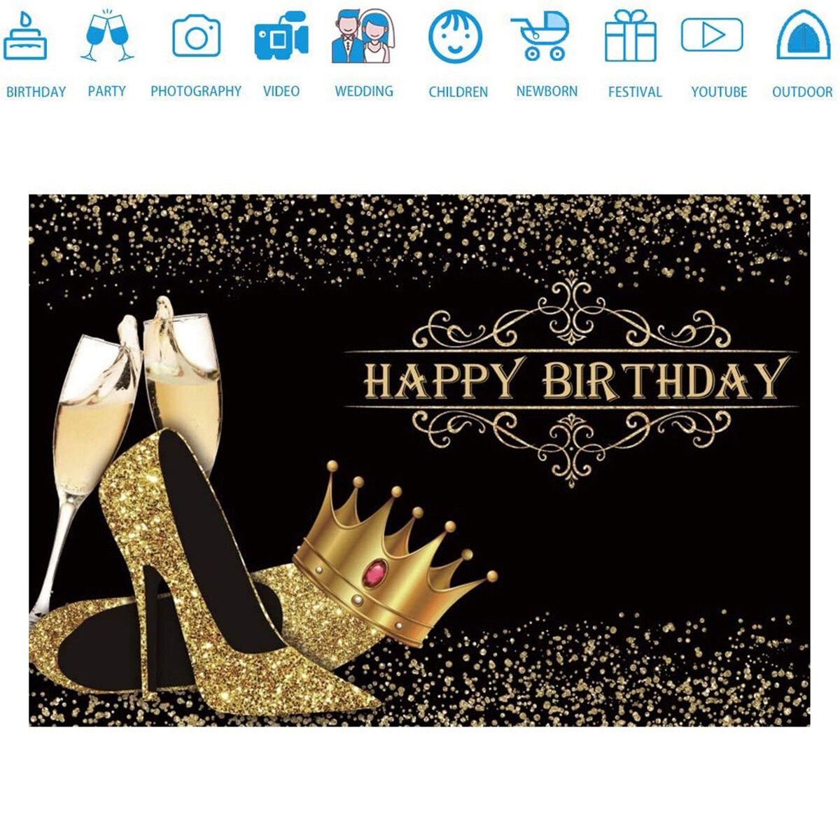 Happy Birthday Backdrop Lady Queen Theme Birthday Party Lady Birthday Prom Party Background Shiny Golden Crown High Heel Shoes Party Cake Table Banner Birthday Photo Studio Props 250x180cm
