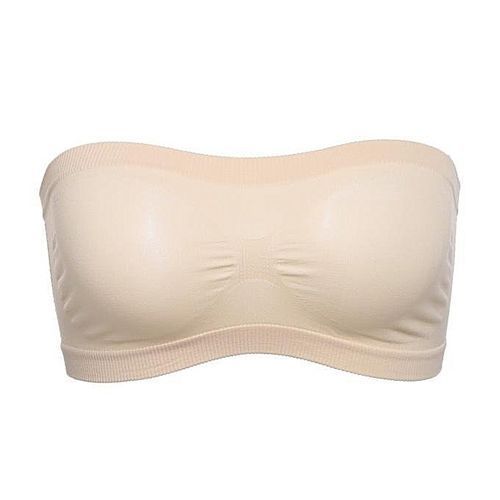 Women Basic Stretch Layer Strapless Hollow Seamless Solid Cropped Tube Top Bra Bandeau ( Pink )