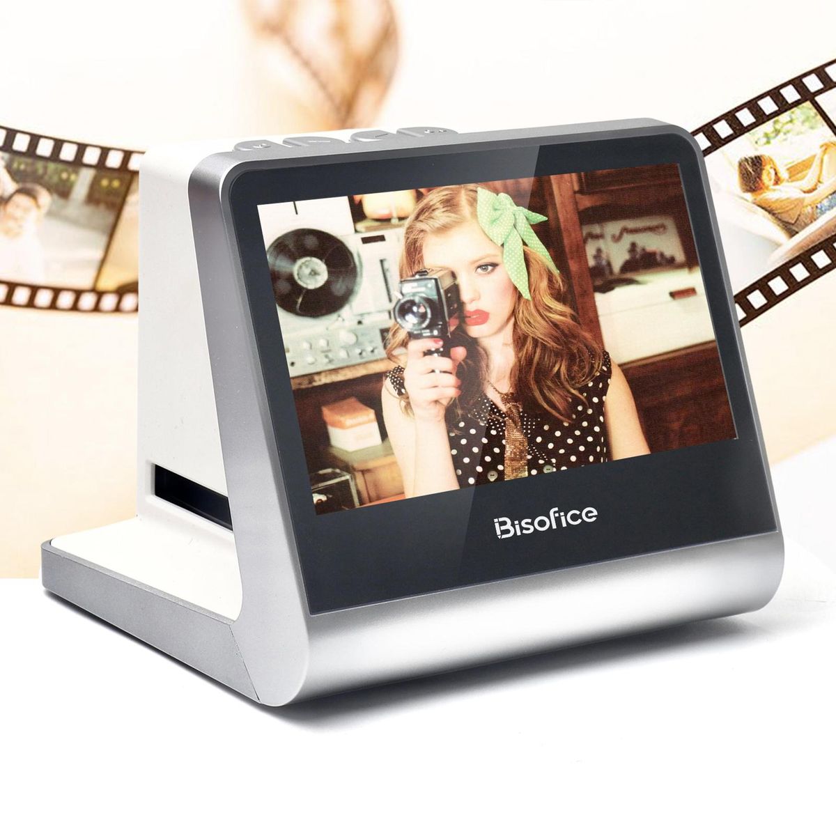 Bisofice Film and Slide Scanner for 135 Film(36*24mm)/126KPK /110 Film/Super8/ Monochrome/Slide to Digital JPEG Photos Built-in 16GB Memory 5'' LCD Screen Free APP Support Connect with PC Compute TV Compatible with Windows XP