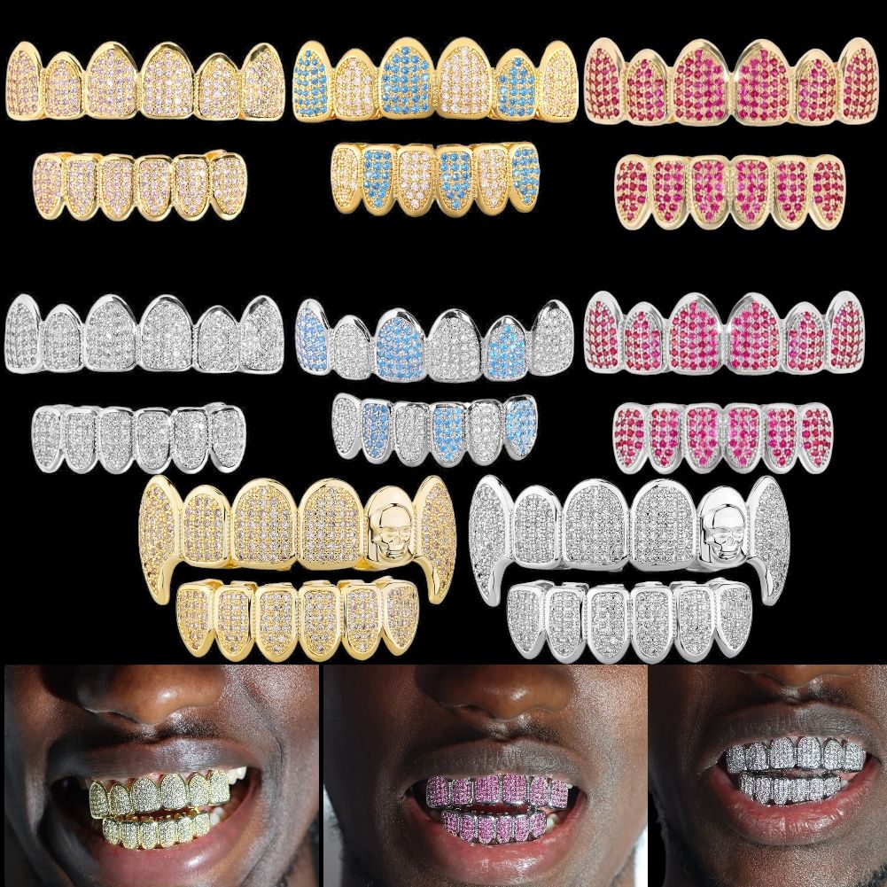Hip Hop Teeth Grillz Cap Bling Iced Out Tooth Grillz Top & Bottom Charm Grills Set For Men Women