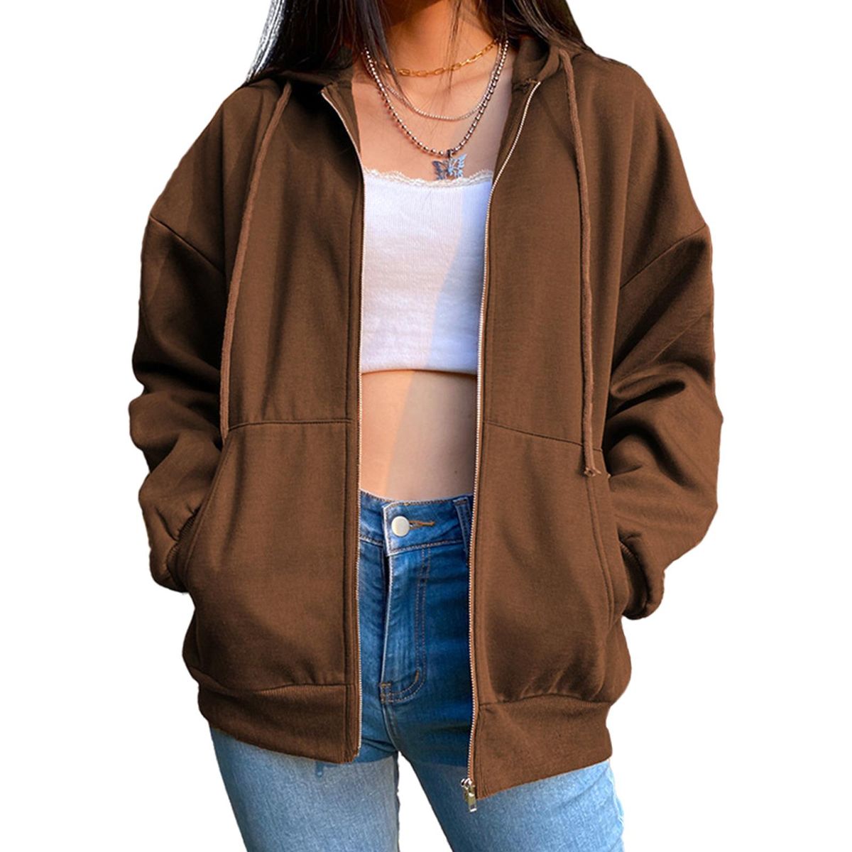 Women's Solid Color Cotton Blend Zipper Hoodie Coffee M