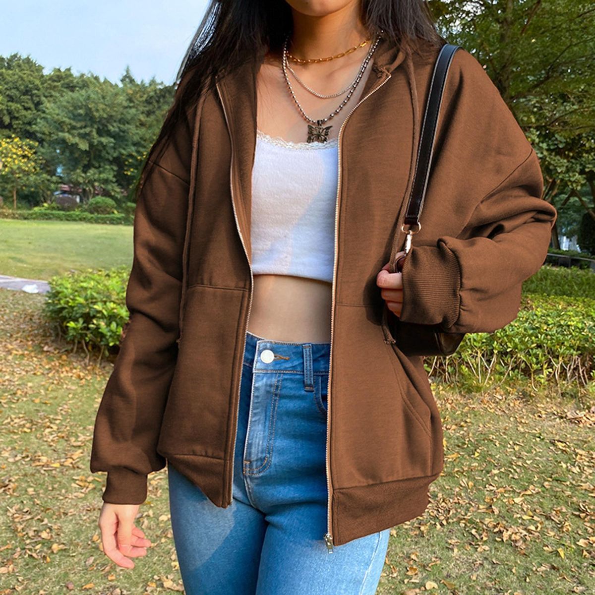 Women's Solid Color Cotton Blend Zipper Hoodie Coffee M