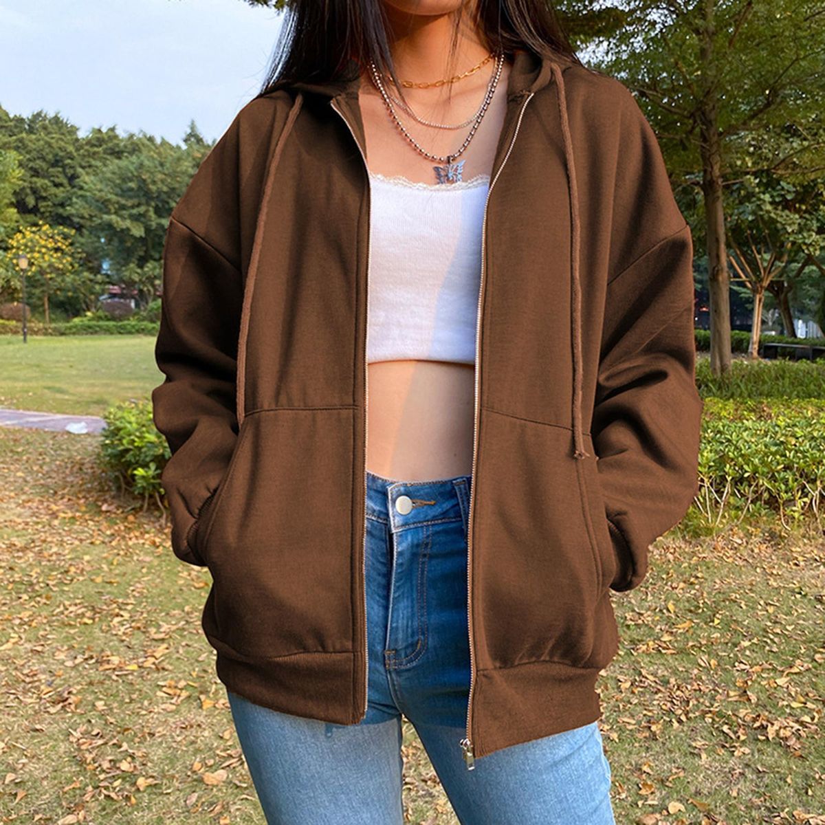 Women's Solid Color Cotton Blend Zipper Hoodie Coffee M