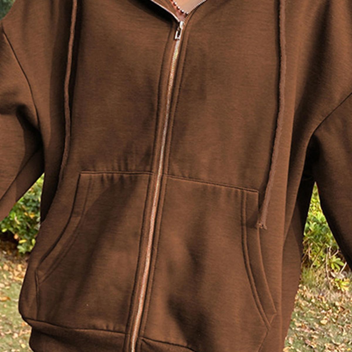 Women's Solid Color Cotton Blend Zipper Hoodie Coffee M
