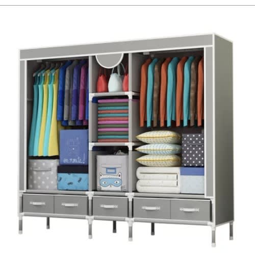 3 Column Wardrobe With 5 Drawers - GREY