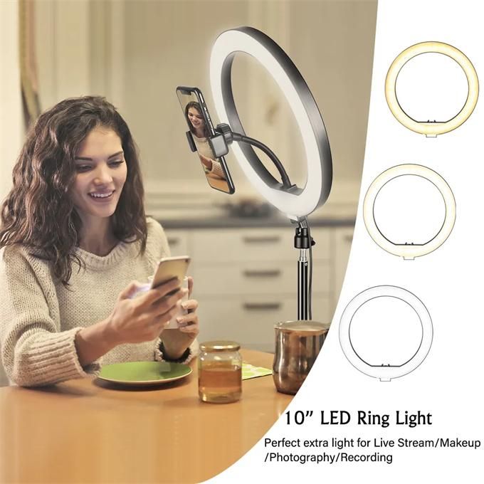 Ring light with stand 10-inch mobile phone video   fill light two-color round desktop video live broadcast light for video conference lighting