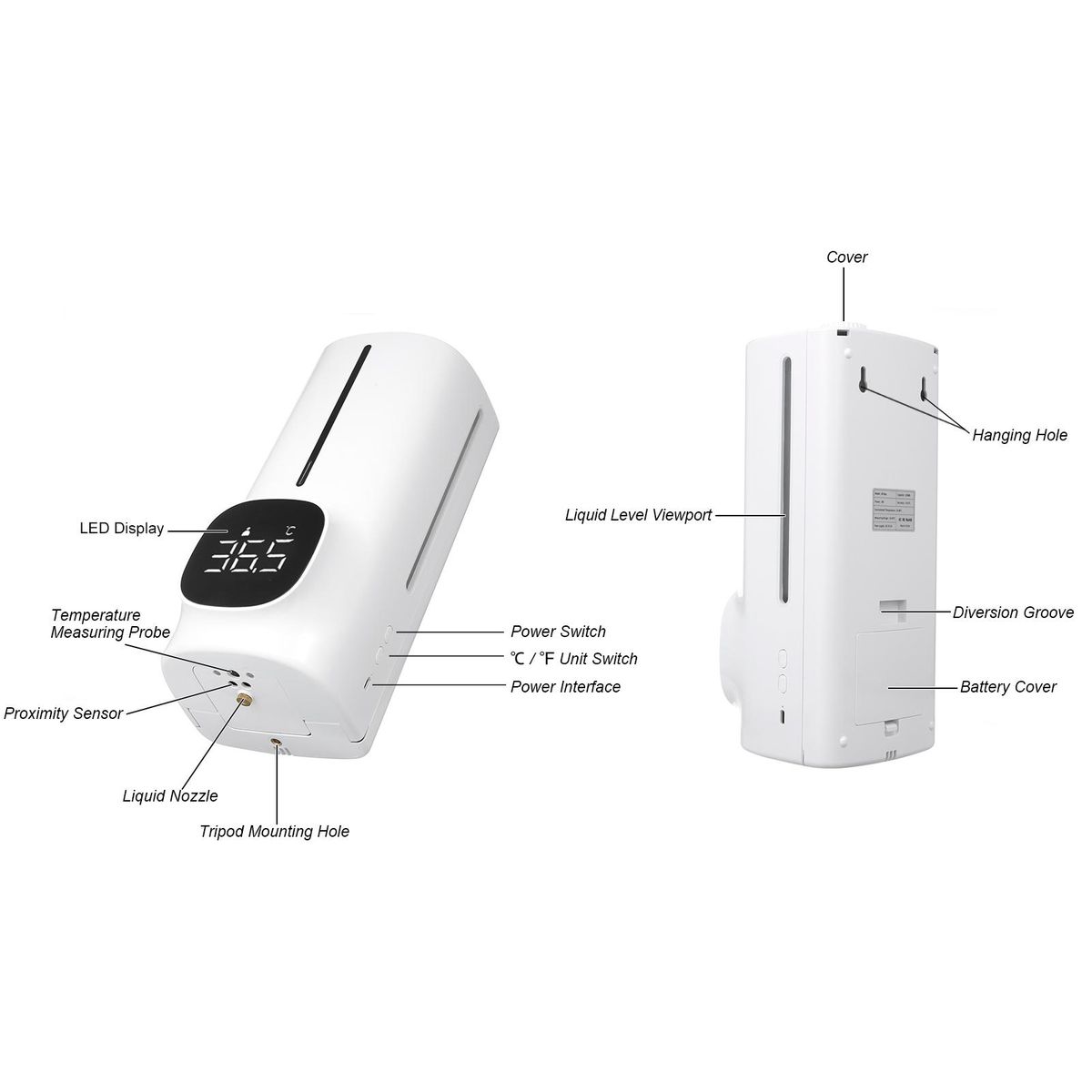 1500ml Wall Mounted Automatic Soap Dispenser Hand Sanitizer Dispenser Non-contact Infrared Thermometer with 18 Languages Voice Broadcast °C / °F Unit Switch for Home Hotel School Office Use