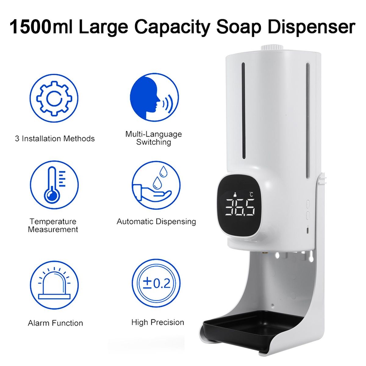 1500ml Wall Mounted Automatic Soap Dispenser Hand Sanitizer Dispenser Non-contact Infrared Thermometer with 18 Languages Voice Broadcast °C / °F Unit Switch for Home Hotel School Office Use
