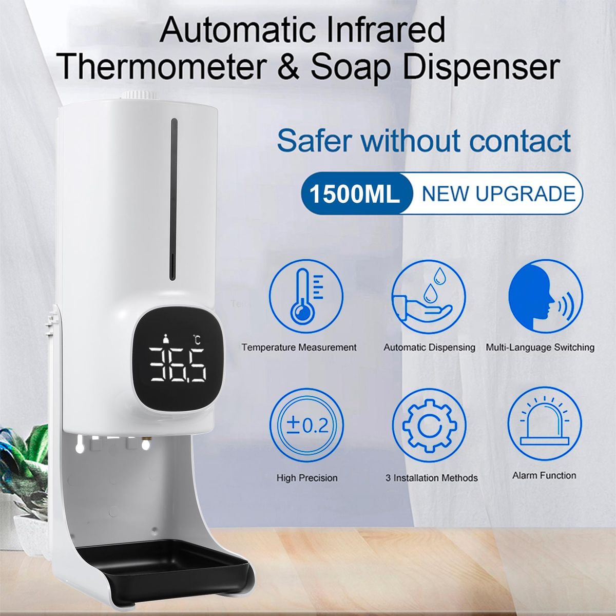 1500ml Wall Mounted Automatic Soap Dispenser Hand Sanitizer Dispenser Non-contact Infrared Thermometer with 18 Languages Voice Broadcast °C / °F Unit Switch for Home Hotel School Office Use