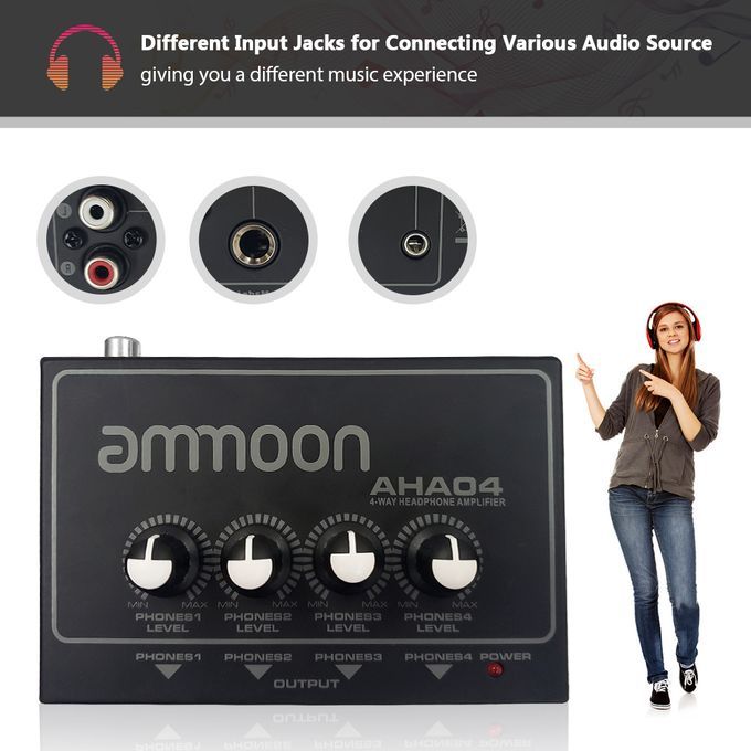 Ammoon AHA04 Portable 4-Way Headphone Amplifier Amp With-