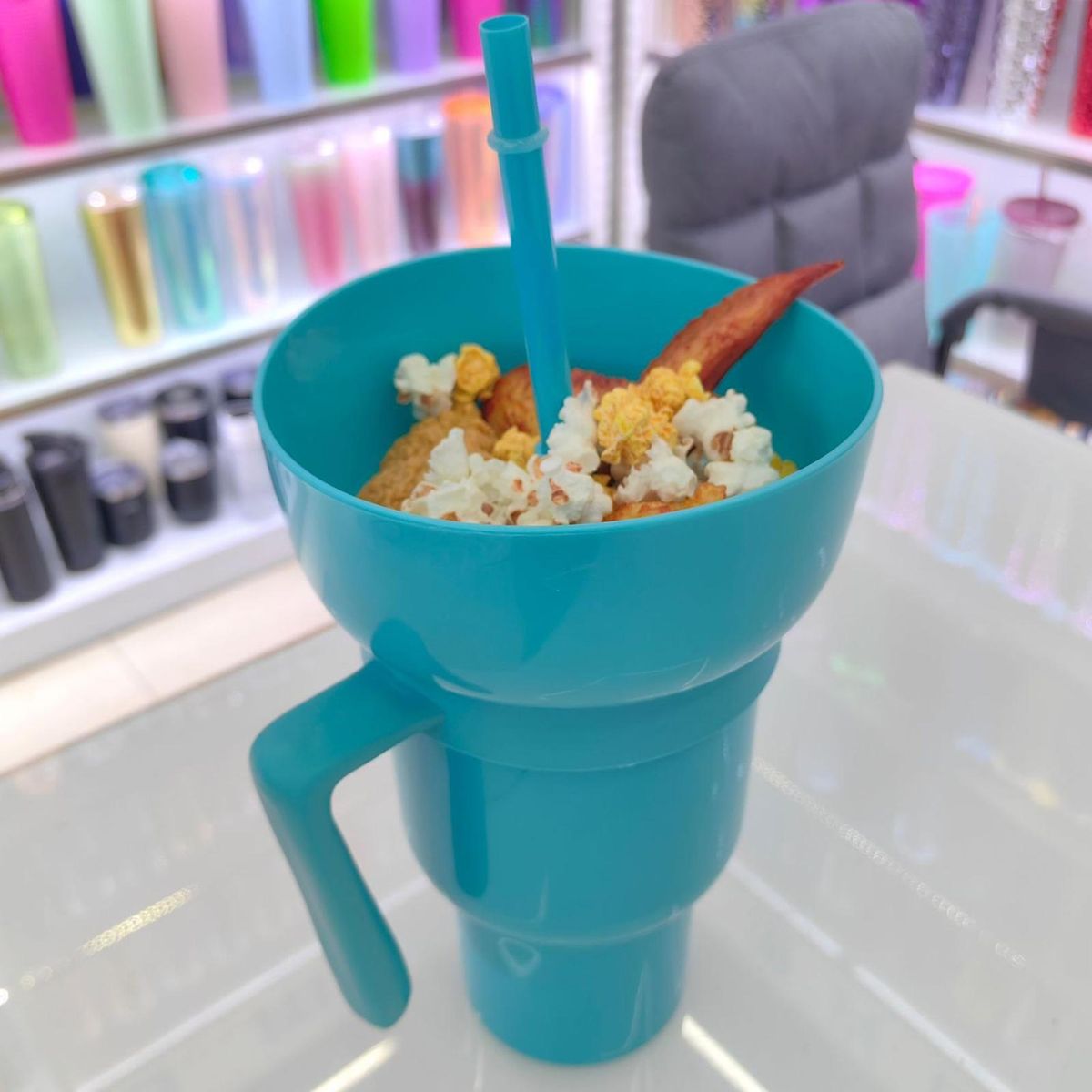 Snack Cup with Straw Stadium Tumbler with Snack Bowl 2 1 Popcorn Cup Blue