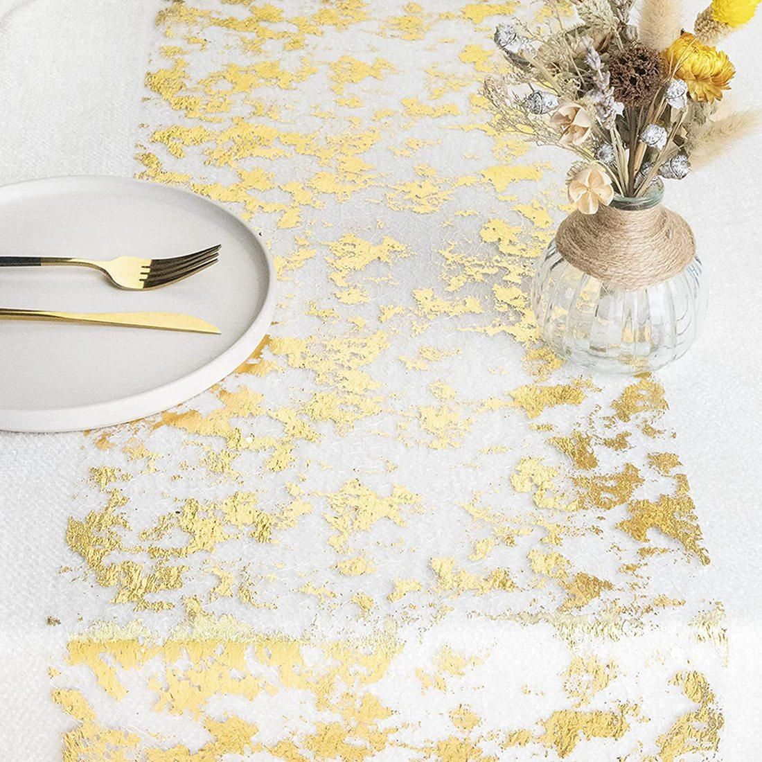 Table Runner, Sparkling Polyester Tulle Ribbon Roll with Gold Foil,Birthday Party Wedding Christmas Decor 28cmx5M