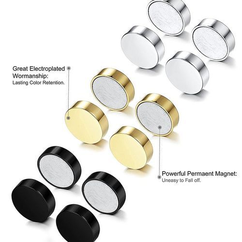 6 Pcs Magnetic Earrings  Black Gold Silver Titanium Steel Mens Women Trendy Round Clip Ear Stud For Men Magnetic Magic Unisex