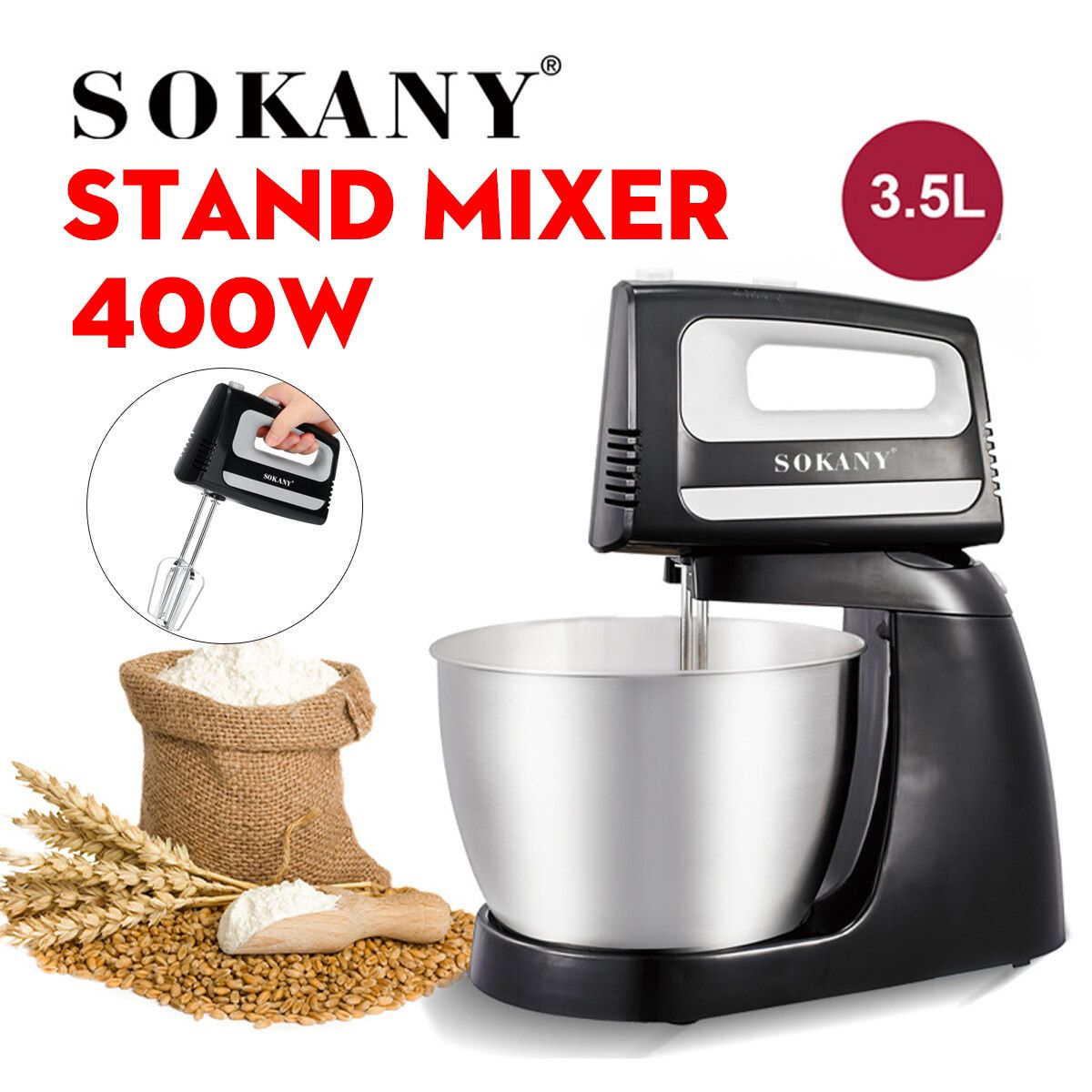 Sokany 400W 3.5L Electric Stand Kneading Machine Fully Automatic Mixer Dough Food Batter Beater Egg Blender Whisk 5 Speed Adjustment For Kitchen