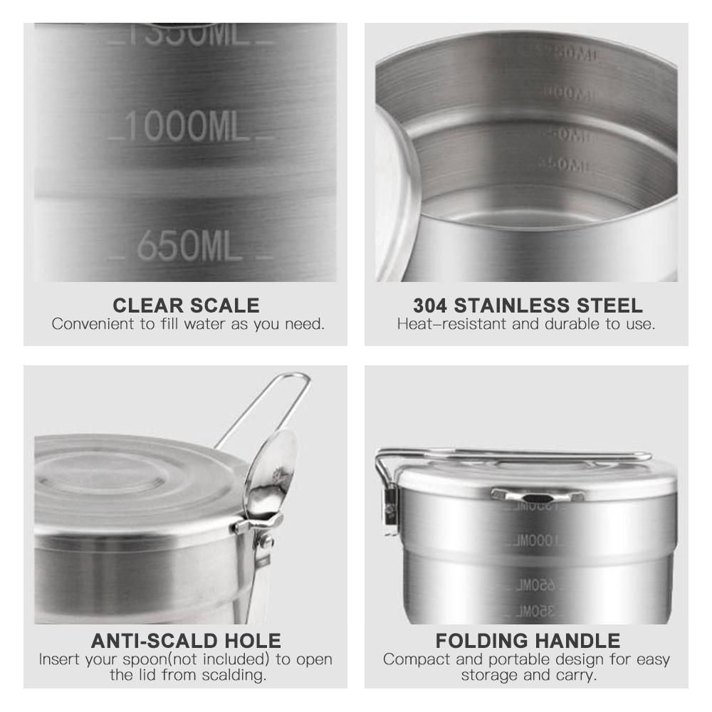 1.5L Stainless Steel Lunch Case with Storage Bag Camping Pot for Backpacking Hikiing Fishing