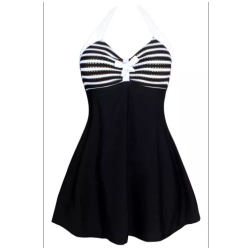 Ladies Stripes Trim One Piece Swim Dress - Black