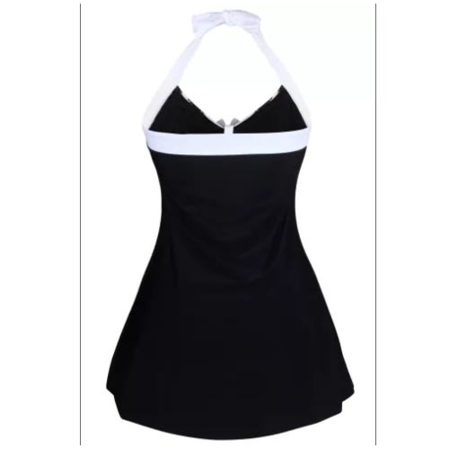 Ladies Stripes Trim One Piece Swim Dress - Black