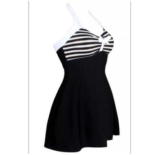 Ladies Stripes Trim One Piece Swim Dress - Black