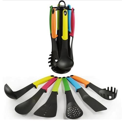 Non-Stick Cooking Spoons With Stand - Set Of 6 - Multicolour