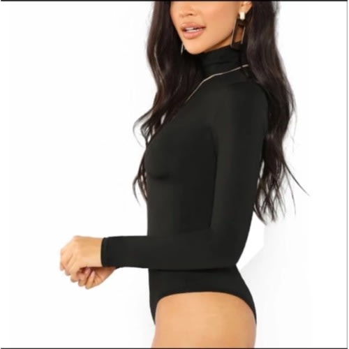 Turtleneck Long Sleeve Ladies Bodysuit - Black