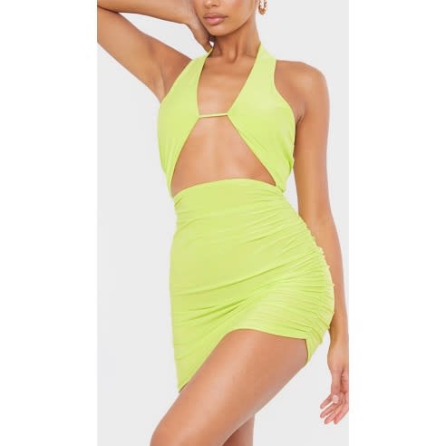Slinky Halterneck Burst Detail Bodycon Dress - Lime