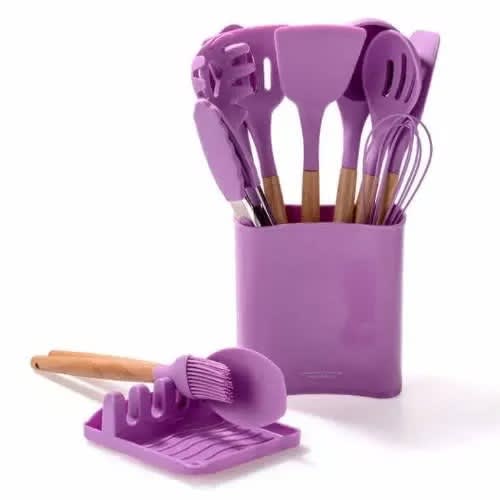 Silicone Non-stick Cooking Utensils Set With Holder & Spoon Rest - Purple - 13 Pieces