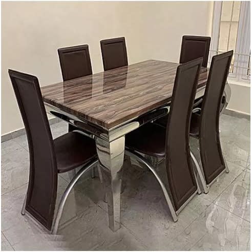 Royal Zedric Marble-Top Dining Set With 6 Chairs - Brown