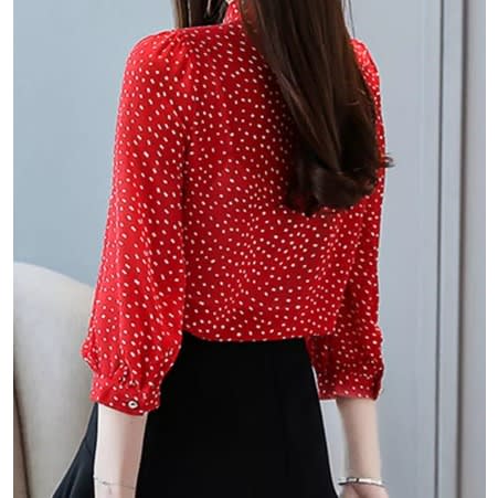 Tie Neck Dotted Blouse- Red