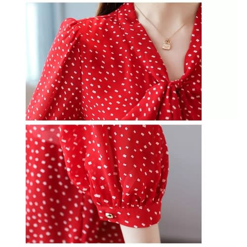 Tie Neck Dotted Blouse- Red