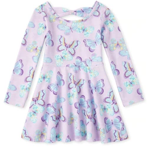 Toddler Girls Butterfly Bow Back Knit Dress- Lilac Purple