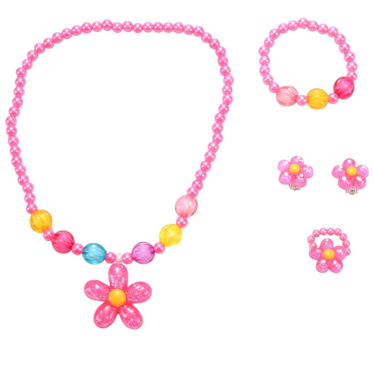 4pcs LovelyGirls Kids Beaded Flower Neck Bracelet Rings Earrings Jewelry Set Children Party Gift
