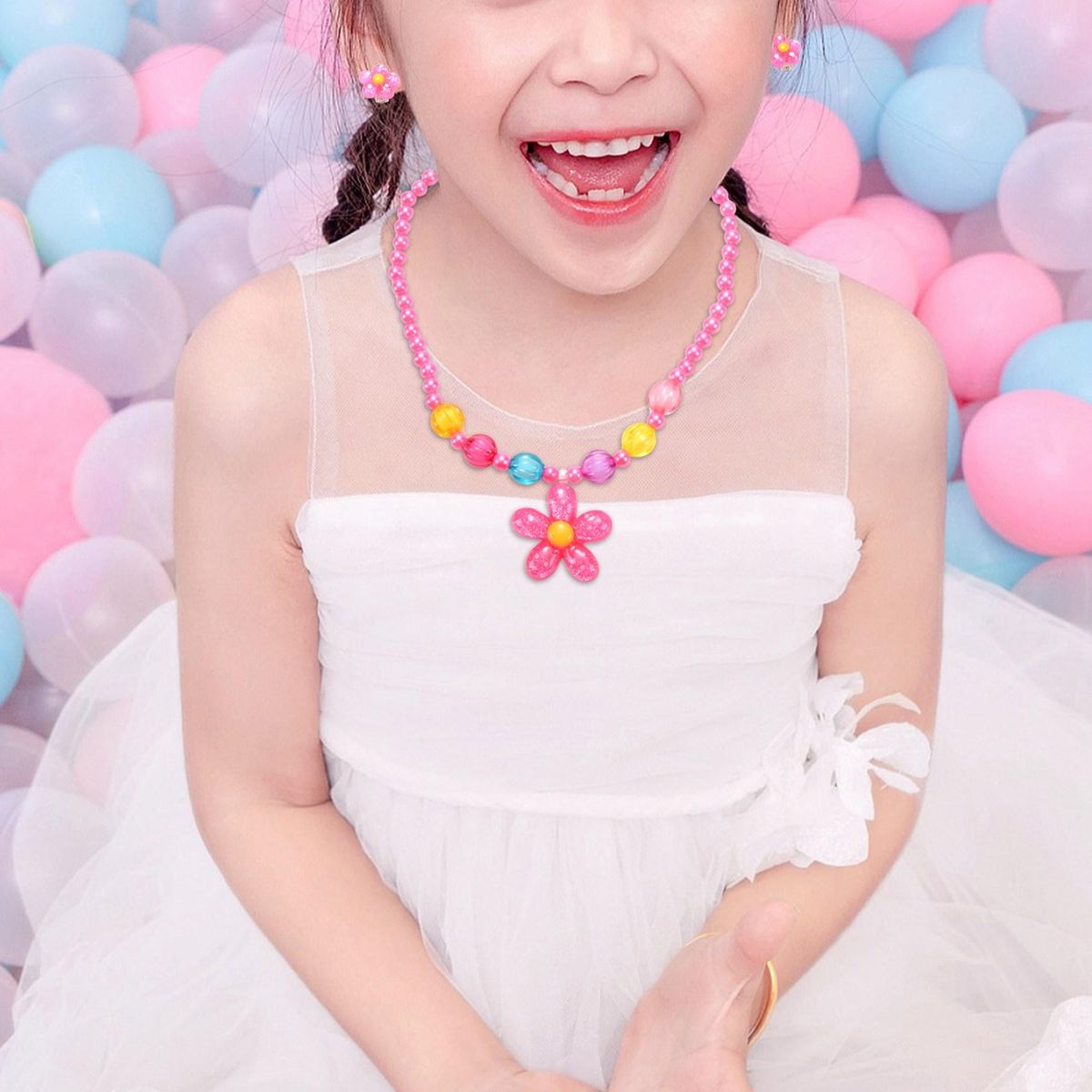 4pcs LovelyGirls Kids Beaded Flower Neck Bracelet Rings Earrings Jewelry Set Children Party Gift