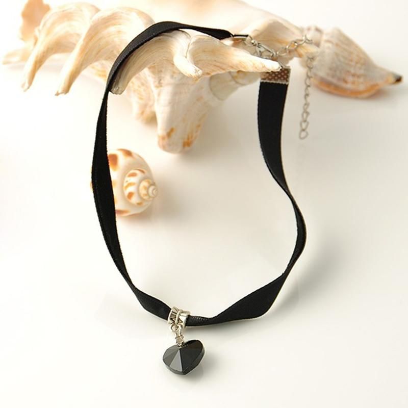 Black Velvet Choker Crystal Heart Pendant Gothic Handmade