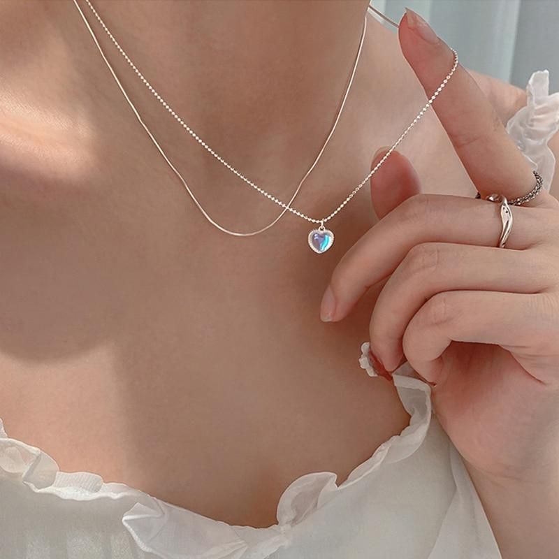 XIYANIKE Silver Color  Double Love Heart-shaped Moonstone Pendant Necklace Women Gradient Gemstone Clavicle Chain Couple