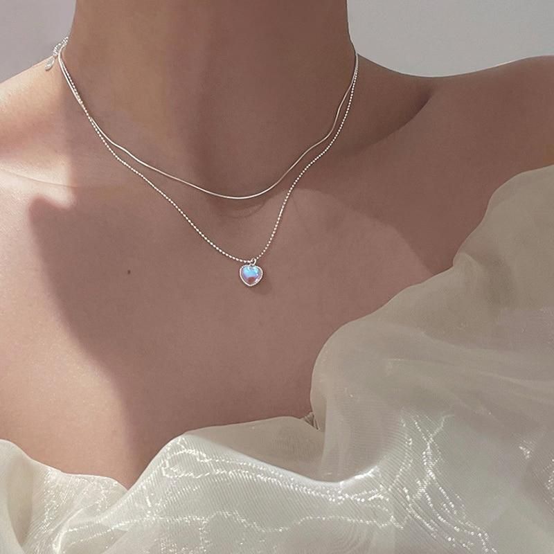 XIYANIKE Silver Color  Double Love Heart-shaped Moonstone Pendant Necklace Women Gradient Gemstone Clavicle Chain Couple