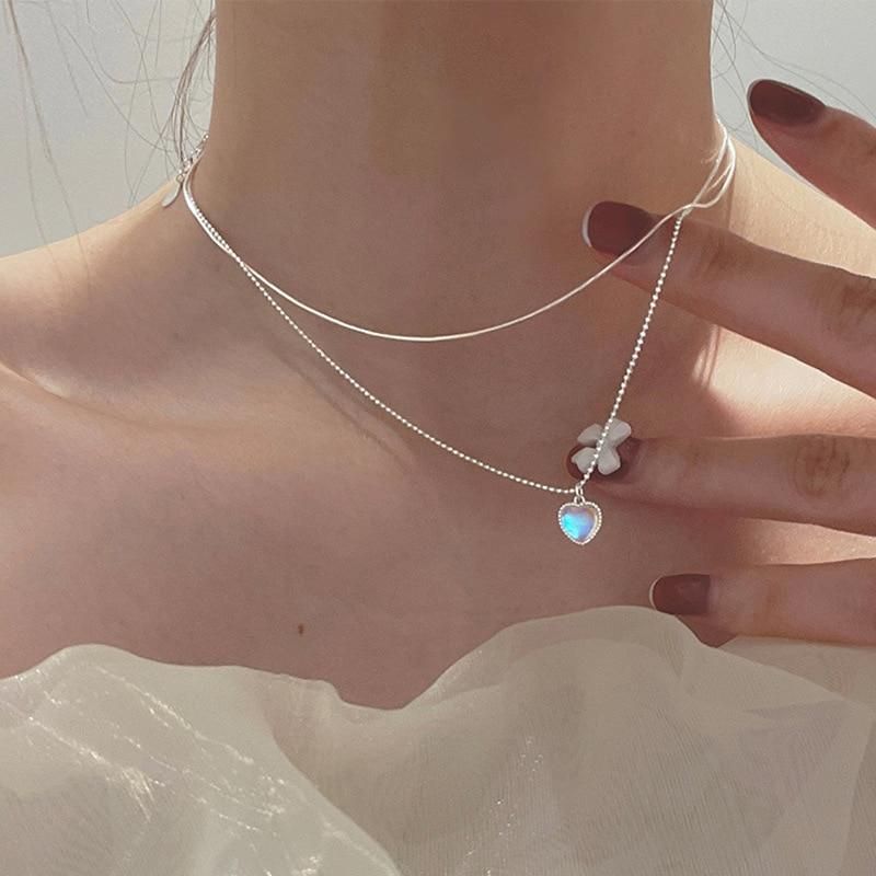 XIYANIKE Silver Color  Double Love Heart-shaped Moonstone Pendant Necklace Women Gradient Gemstone Clavicle Chain Couple