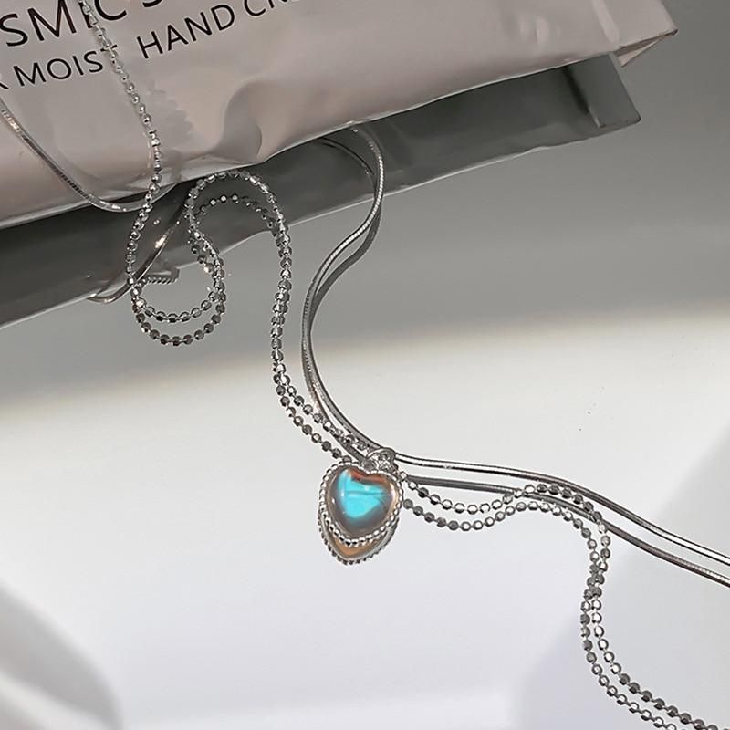 XIYANIKE Silver Color  Double Love Heart-shaped Moonstone Pendant Necklace Women Gradient Gemstone Clavicle Chain Couple