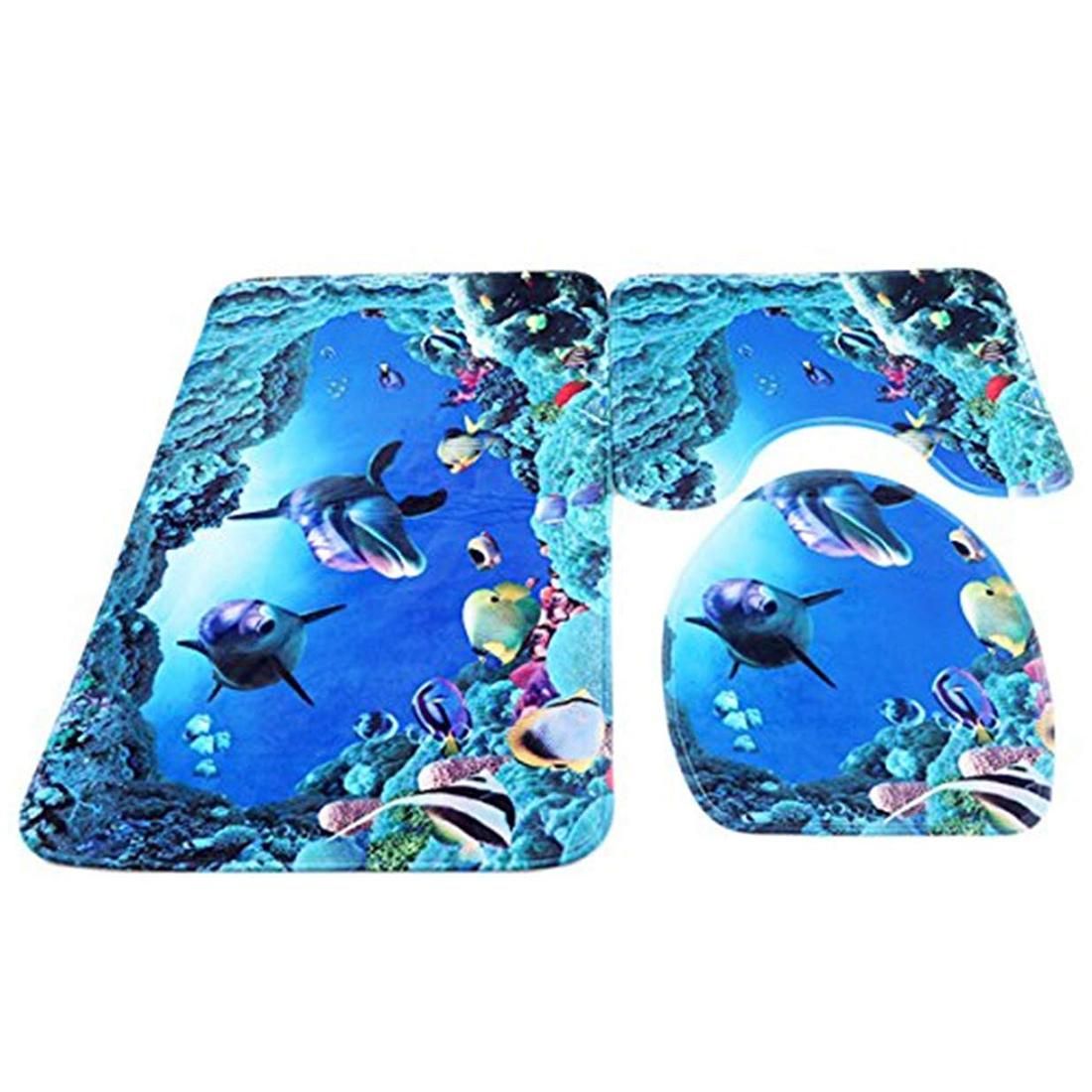 Bath Rug Set, 3-Piece Mat Antislip Bath Rug + Floor Rug + Toilet Cover, Underwater World Blue