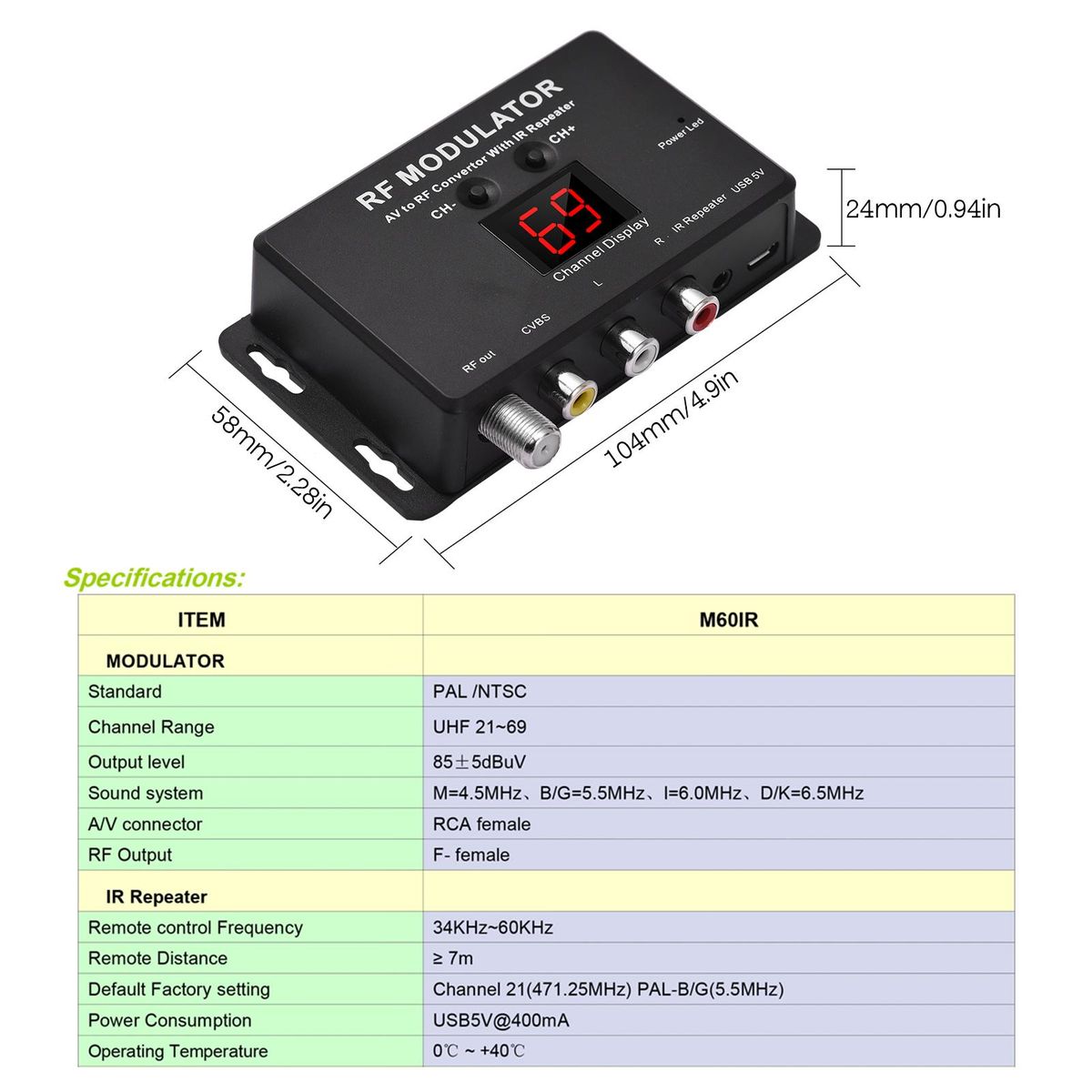 M60IR RF Modulator with IR Repeater AV to RF Converter with IR Repeater