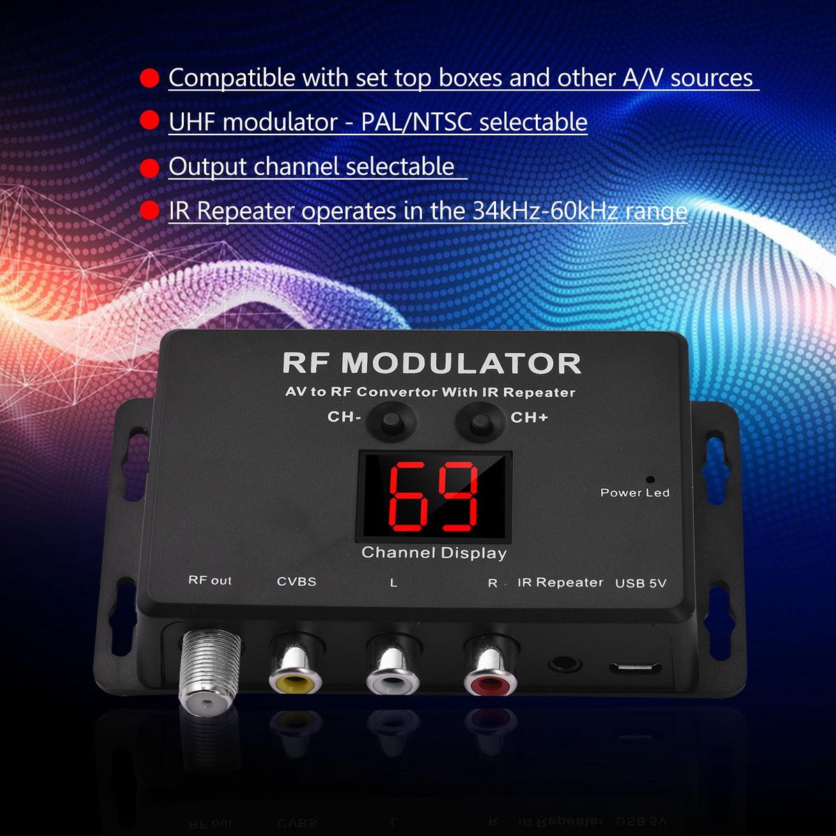 M60IR RF Modulator with IR Repeater AV to RF Converter with IR Repeater