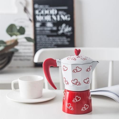 300ml Red Heart Printed Coffee Maker Aluminum Alloy Moka Pot Espresso Mocha Latte Percolator Filter Cafetera For Kitchen