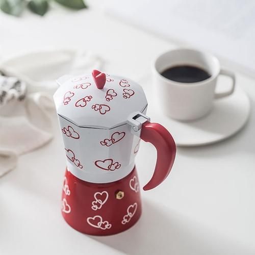 300ml Red Heart Printed Coffee Maker Aluminum Alloy Moka Pot Espresso Mocha Latte Percolator Filter Cafetera For Kitchen